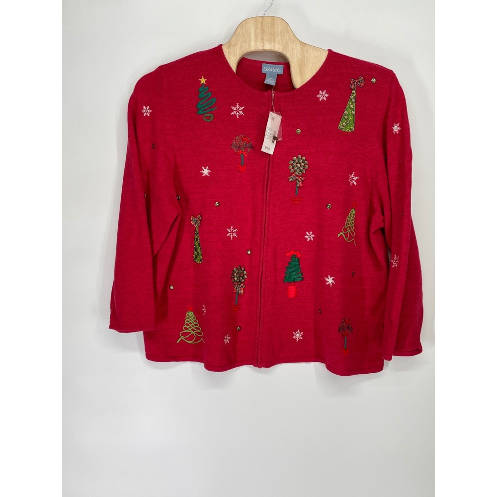 NWT Liz & Me Womens Sweater 4X Cardigan Red Christmas Tree Embroidered Zip Front